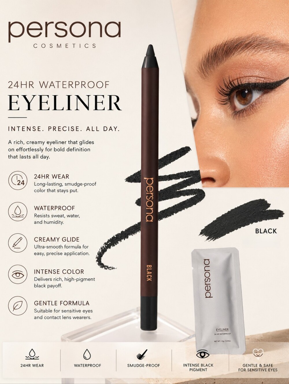 Persona Cosmetics 24HR Waterproof Eyeliner - Black